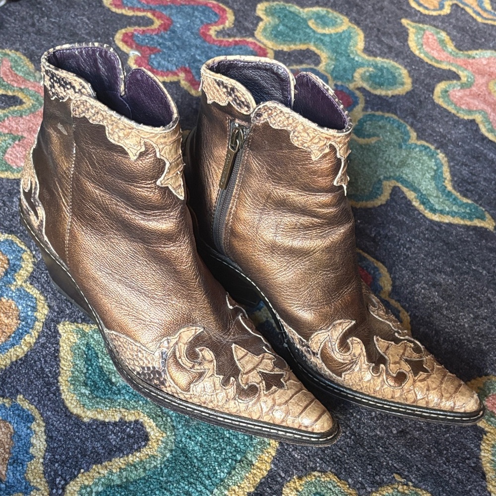 Donald J. Pliner Metallic Bronze Leather Ankle Boots with Embossed Accent